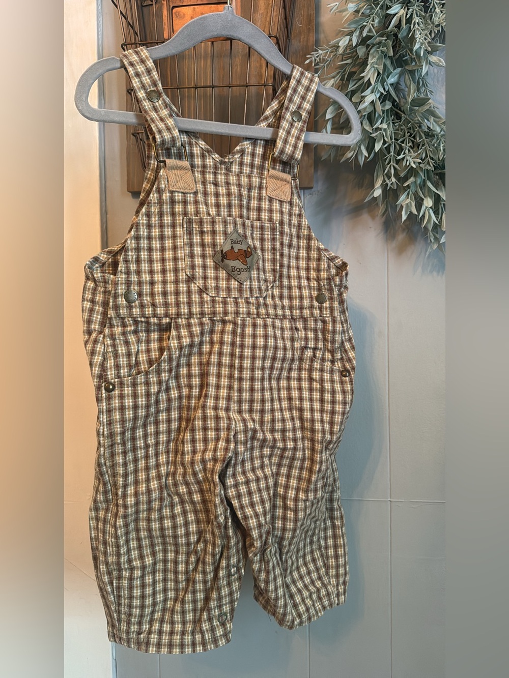 Vintage Baby B'gosh Brown Plaid Airplane Overalls